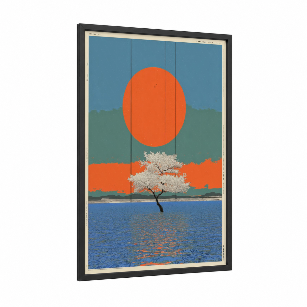 Solstice Tree framed japanese y2k print — black wood frame — blue and orange palette