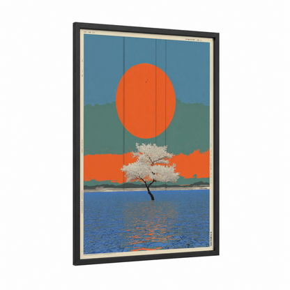 Solstice Tree framed japanese y2k print — black wood frame — blue and orange palette