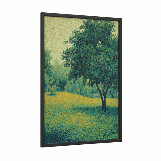 Sunlit Meadow Tree framed green field print — black wood frame — yellow gold and true green palette