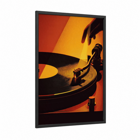 Vintage Turntable framed vinyl records print — black wood frame — red and yellow gold palette