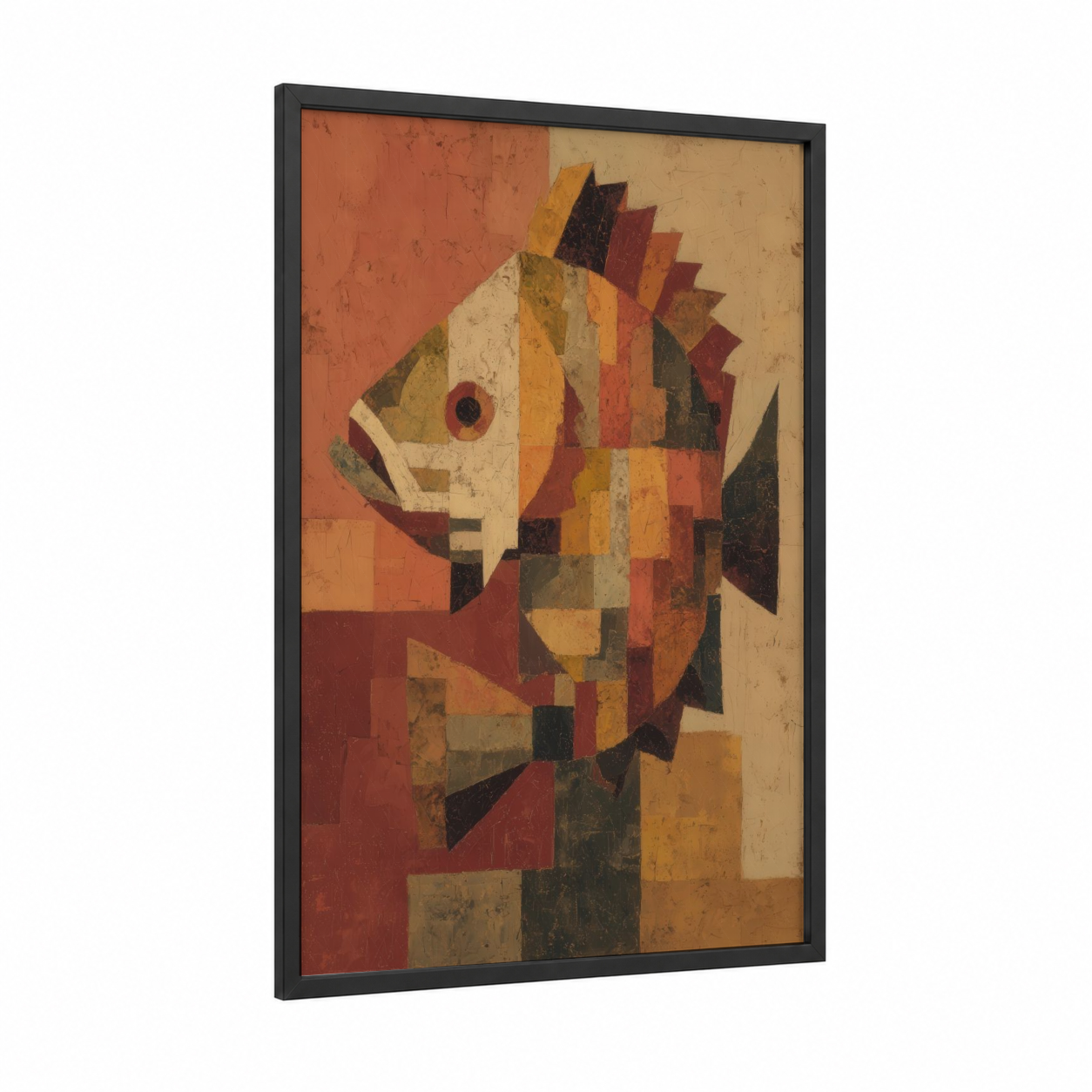 Geometric Bass framed art print — black wood frame — russet and gold palette