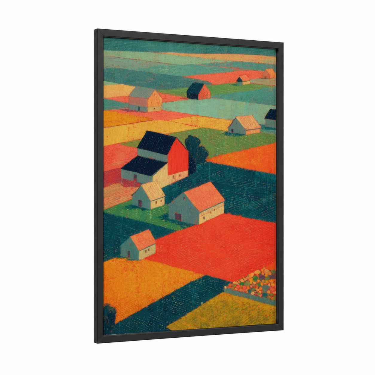 Patchwork Farm framed barn print — black wood frame — orange and teal palette