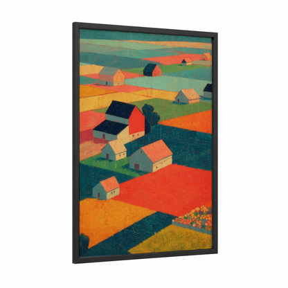 Patchwork Farm framed barn print — black wood frame — orange and teal palette