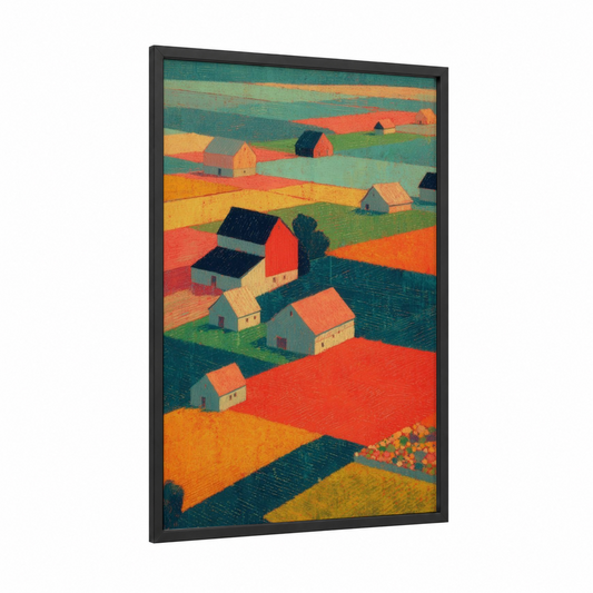 Patchwork Farm framed barn print — black wood frame — orange and teal palette