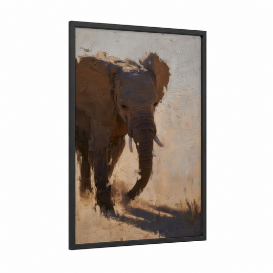 Golden Savanna Elephant framed art print — black wood frame — brown and cream palette