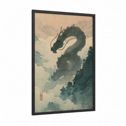 Misty Mountain Dragon framed art print — black wood frame — dove gray and sage green palette