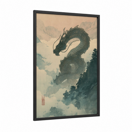 Misty Mountain Dragon framed art print — black wood frame — dove gray and sage green palette