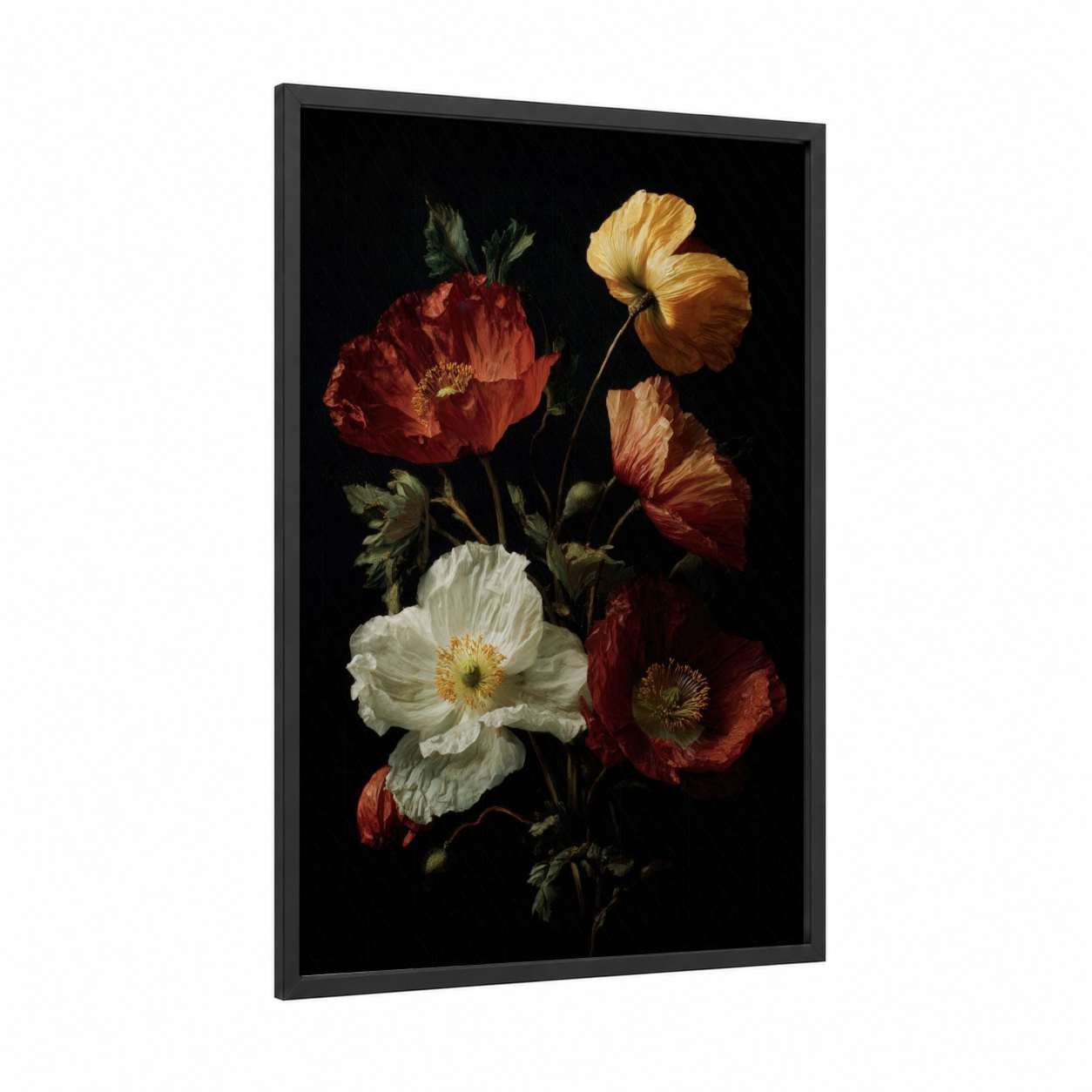 Crimson Poppy Bouquet framed poppies print — black wood frame — red and white palette