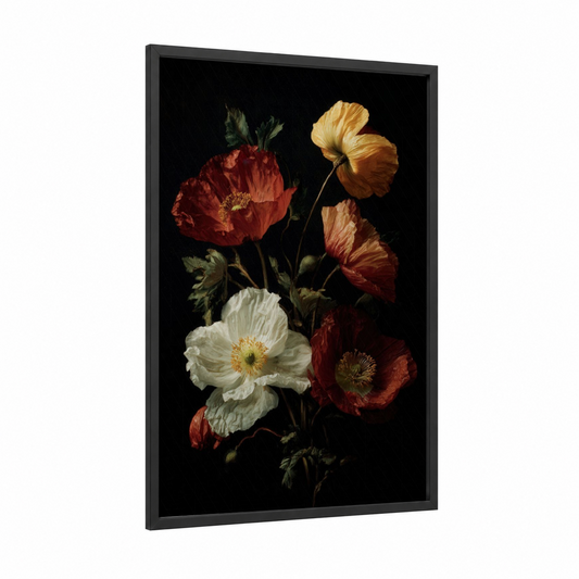 Crimson Poppy Bouquet framed poppies print — black wood frame — red and white palette