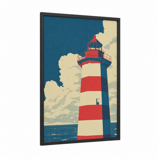 Coastal Lighthouse framed art print — black wood frame — blue and red palette