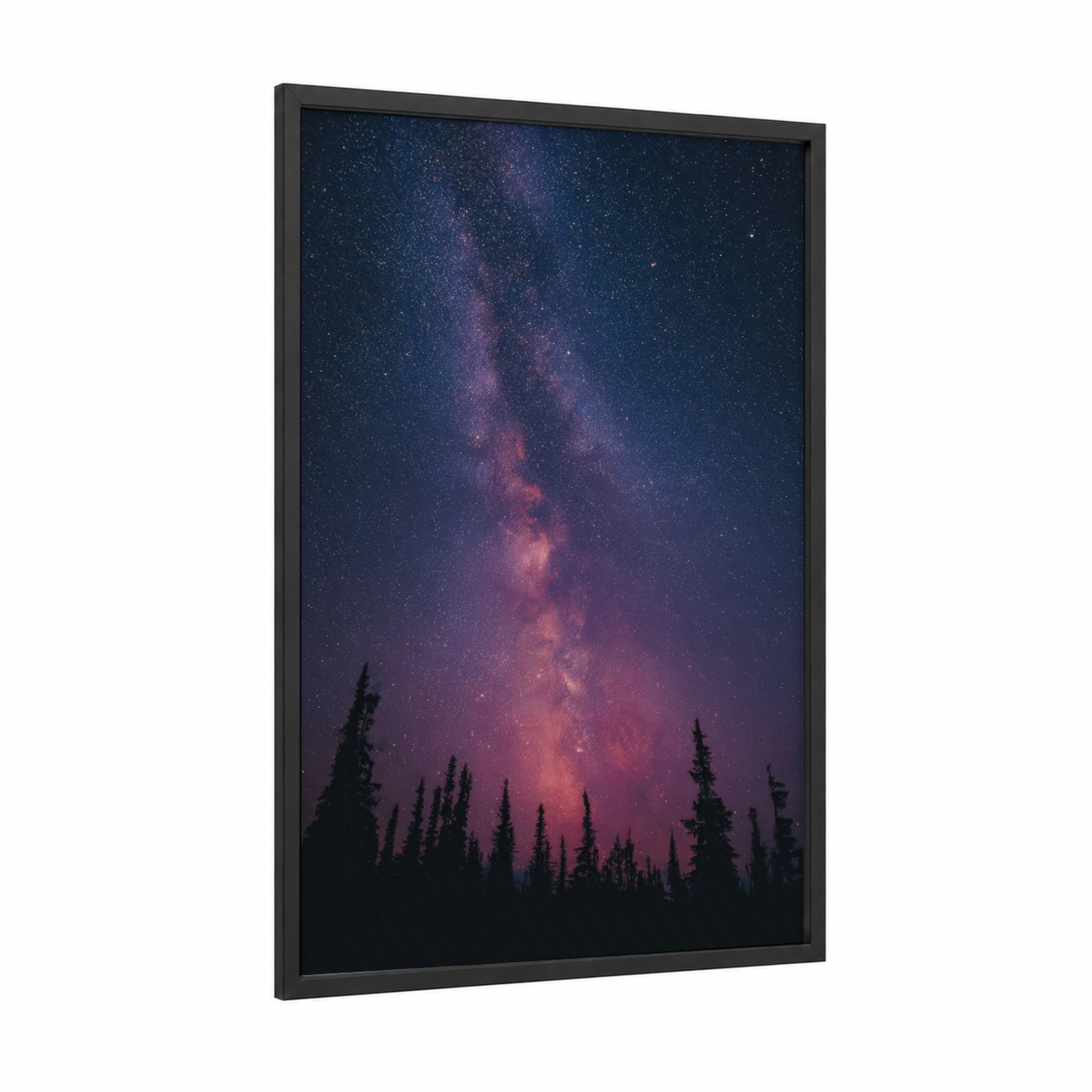 Cosmic Forest Night framed milky way print — black wood frame — purple and dark blue palette