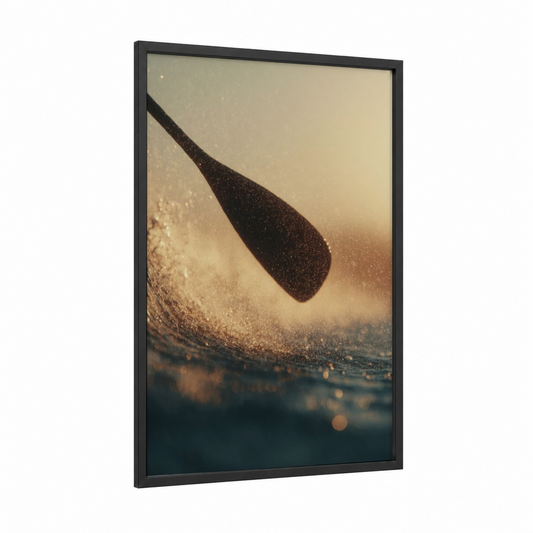 Golden Paddle Splash framed rafting print — black wood frame — gold and brown palette