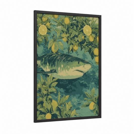 Citrus Shark framed lemon shark print — black wood frame — light green and yellow gold palette