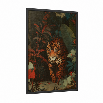 Jungle Jaguar framed art print — black wood frame — russet and dark green palette