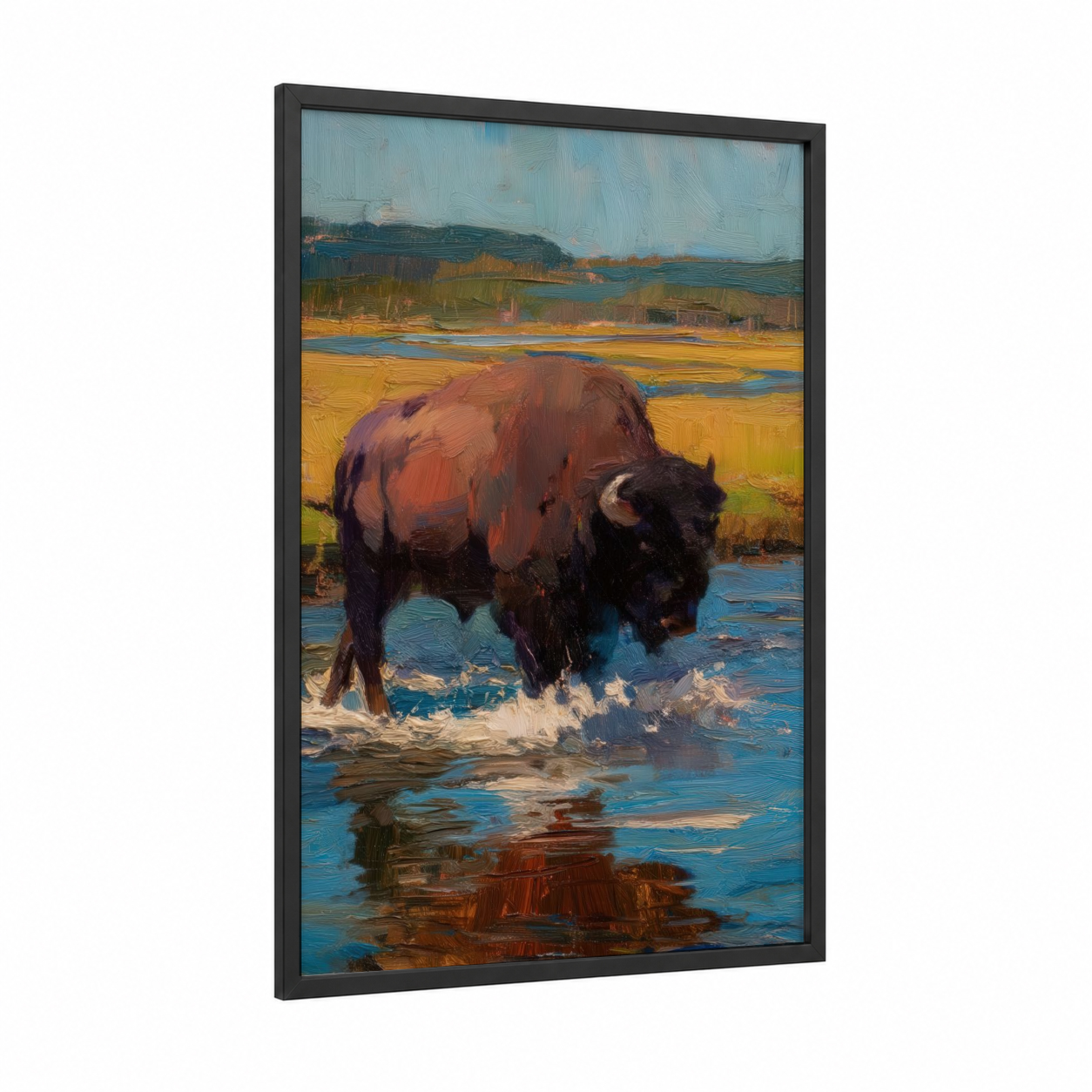 Wading Bison framed art print — black wood frame — gold and blue palette