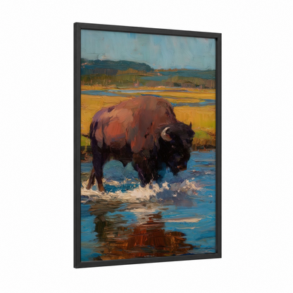Wading Bison framed art print — black wood frame — gold and blue palette