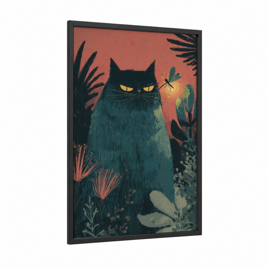 Mystical Cat Fireflies framed art print — black wood frame — teal and salmon pink palette