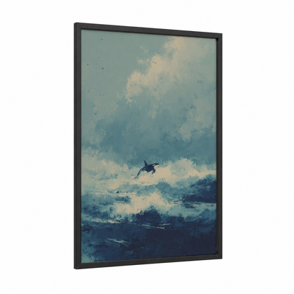 Leaping Orca framed orca whale print — black wood frame — blue and white and dove gray palette