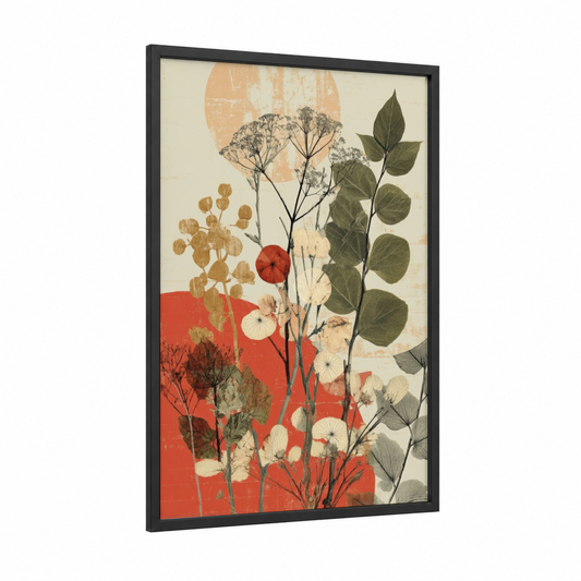 Autumn Botanical framed art print — black wood frame — red and cream palette