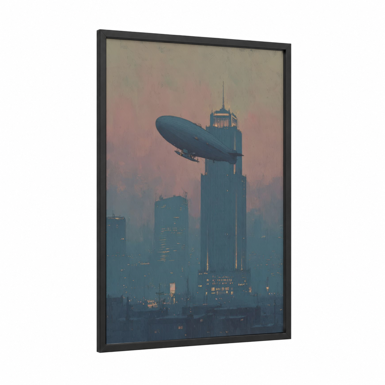 Retro Airship framed art print — black wood frame — gold and teal palette