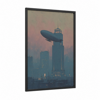 Retro Airship framed art print — black wood frame — gold and teal palette