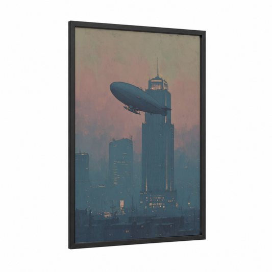 Retro Airship framed art print — black wood frame — gold and teal palette