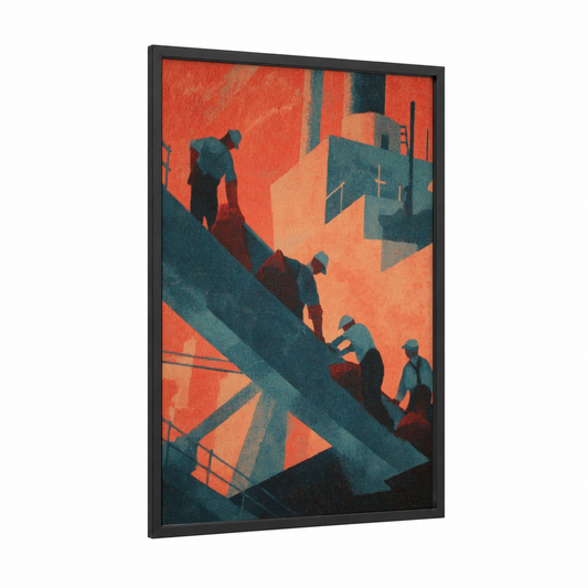 Industrial Labor Day framed art print — black wood frame — red and teal palette