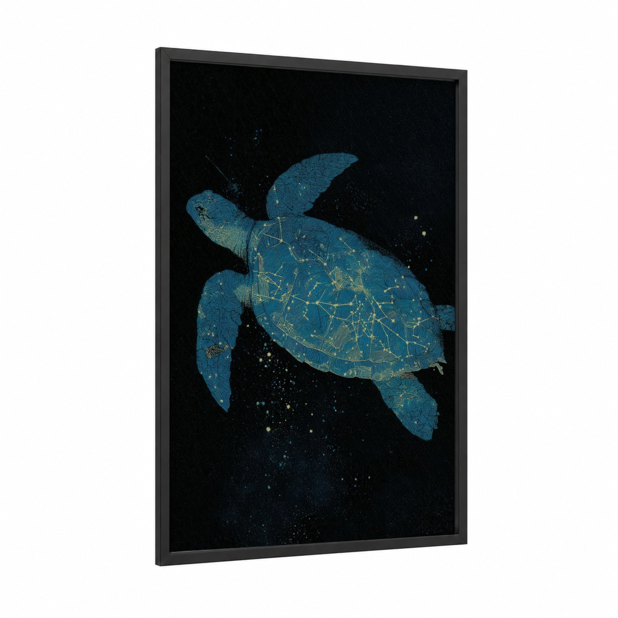 Celestial Turtle framed art print — black wood frame — blue and gold palette