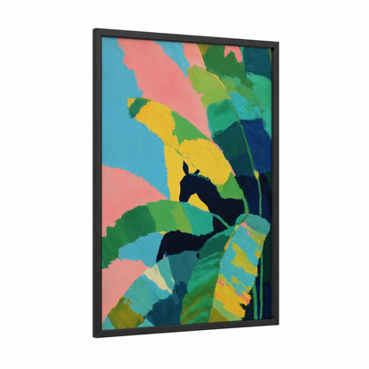 Vibrant Mule Portrait framed art print — black wood frame — blue and green palette