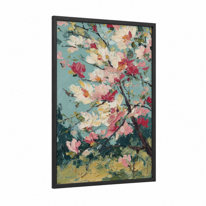 Spring Magnolia Blooms framed art print — black wood frame — blue and pink palette