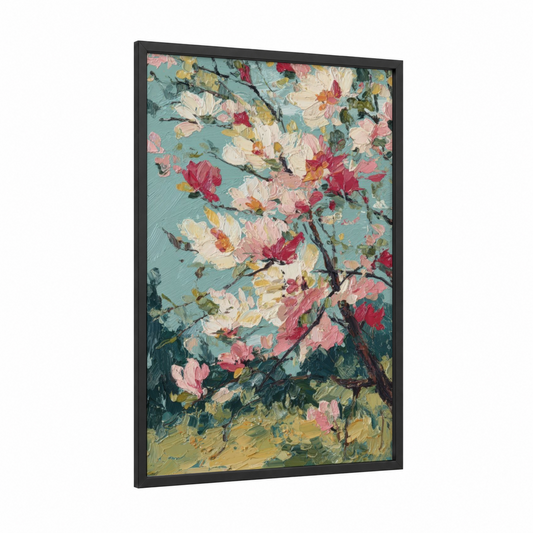 Spring Magnolia Blooms framed art print — black wood frame — blue and pink palette