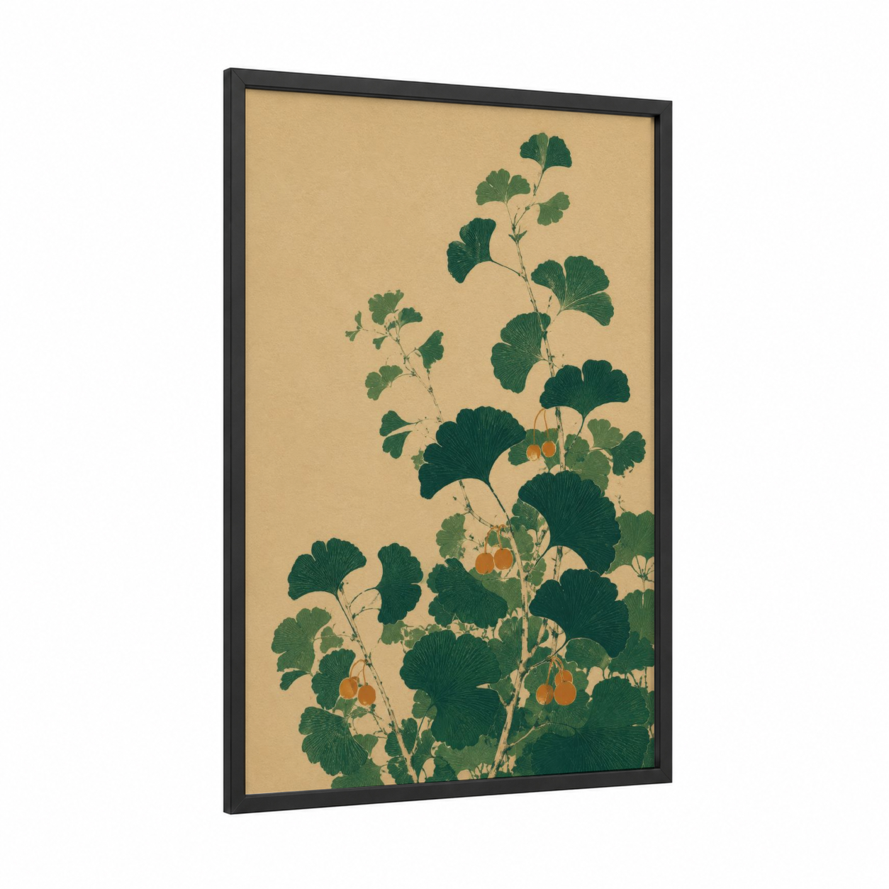 Japanese Ginkgo Leaves Botanical Wall Art framed leaf print — black wood frame — true green and beige palette