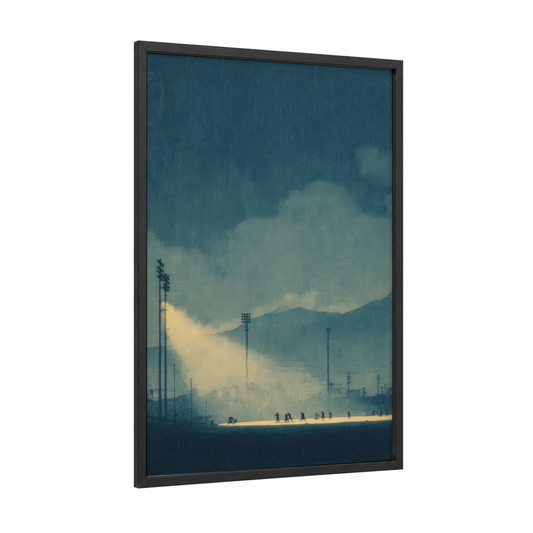 Industrial Football Dawn framed art print — black wood frame — teal and cream palette