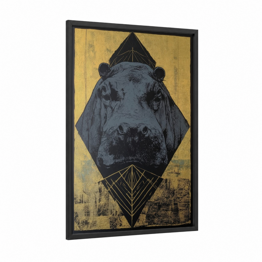 Golden Hippo framed art print — black wood frame — gold and black and white palette