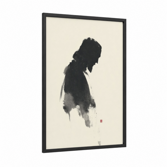 Contemplative Christ framed jesus christ print — black wood frame — black and white and cream palette