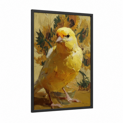 Golden Canary Portrait framed canaries print — black wood frame — gold and yellow gold palette