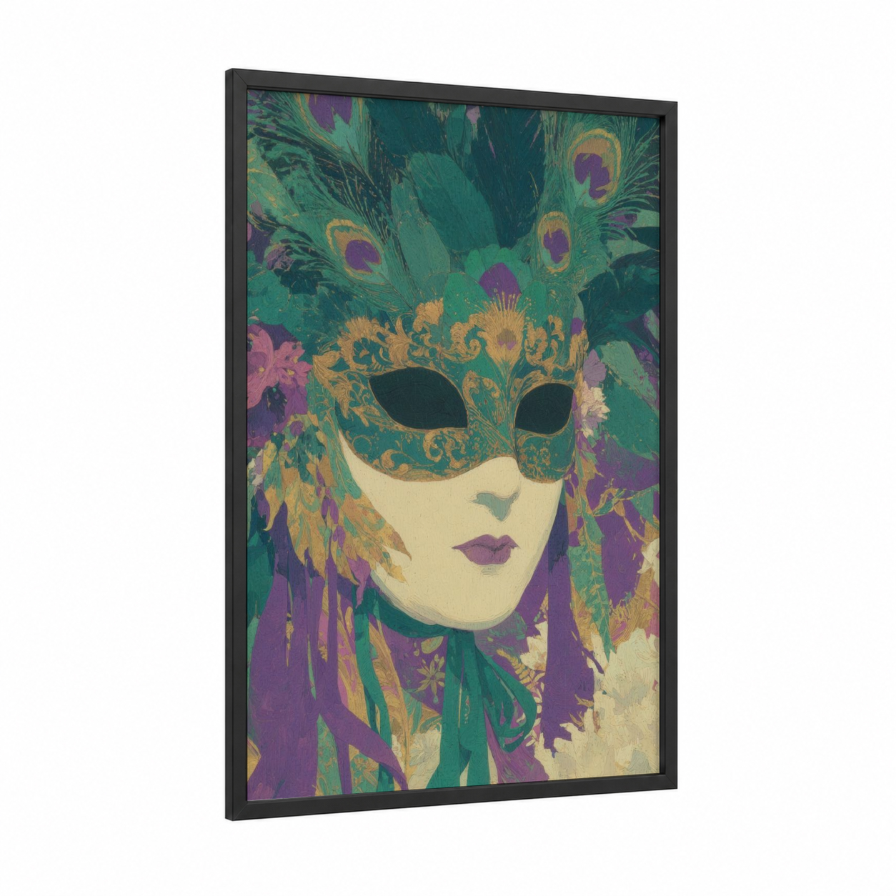 Masquerade Peacock framed mardi gras print — black wood frame — teal and gold palette