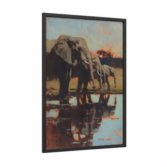 Savanna Elephant Watering framed art print — black wood frame — gold and blue and yellow palette
