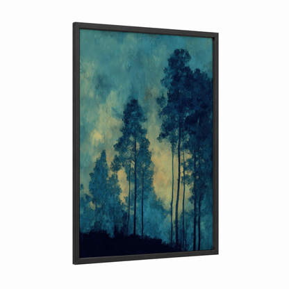 Misty Pine Forest framed art print — black wood frame — teal and blue palette
