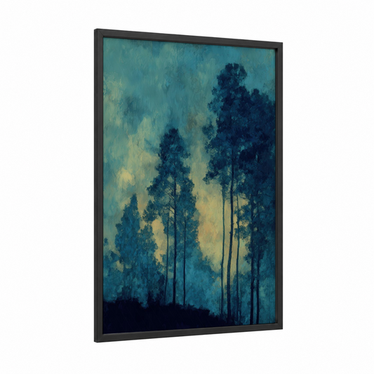Misty Pine Forest framed art print — black wood frame — teal and blue palette