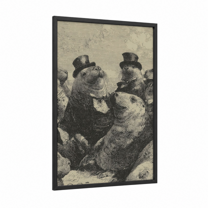 Genteel Seals framed art print — black wood frame — black and white and cream palette