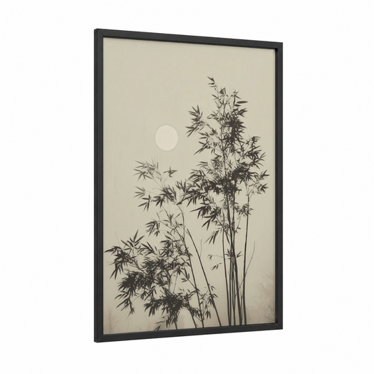 Moonlit Bamboo framed art print — black wood frame — black and white and cream palette