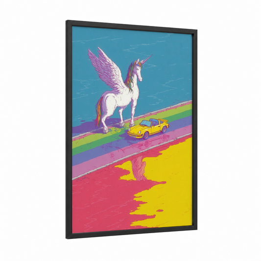 Rainbow Pegasus framed art print — black wood frame — magenta and blue palette