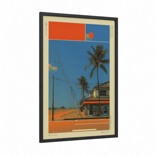 Desert Convenience framed japanese y2k print — black wood frame — blue and orange palette