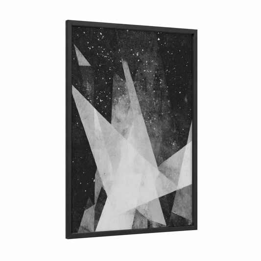 Cosmic Geometry framed galaxy print — black wood frame — black and white and gray palette