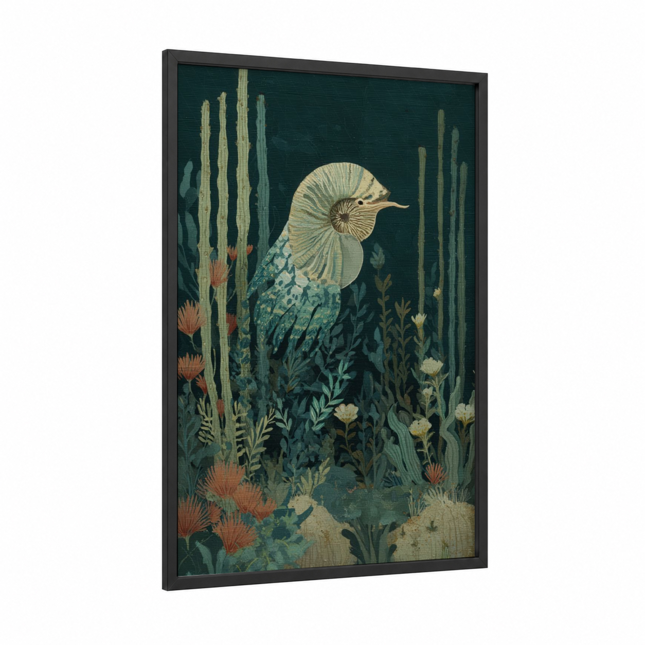 Desert Nautilus framed art print — black wood frame — teal and beige palette