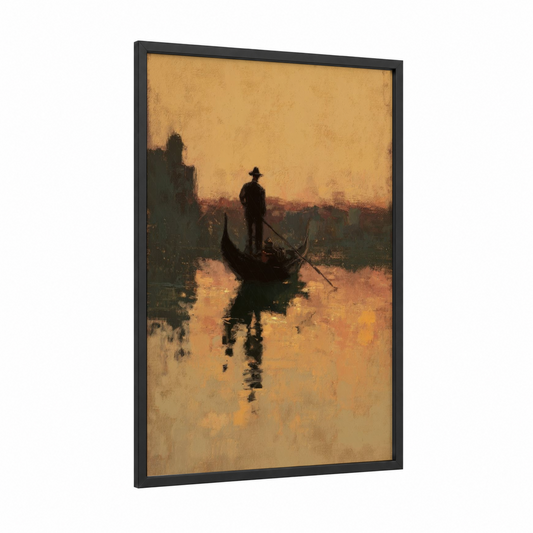 Golden Gondola framed art print — black wood frame — gold and black and gold palette