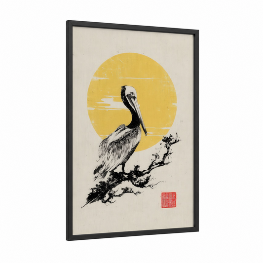 Golden Pelican framed art print — black wood frame — yellow gold and black and white palette