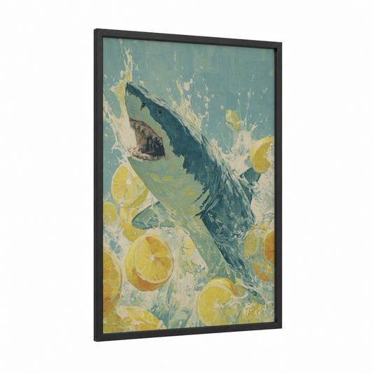 Citrus Lemon Shark framed art print — black wood frame — teal and yellow gold palette