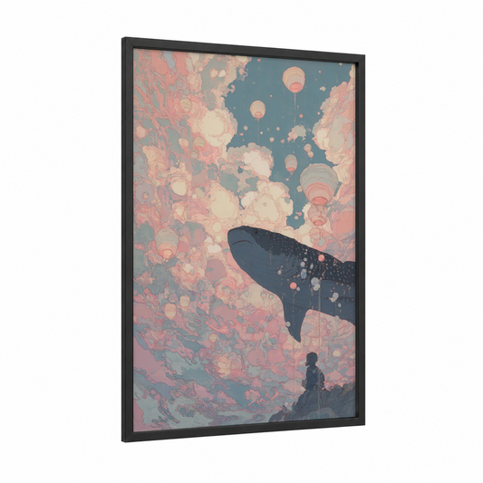 Dreaming Basking Shark framed art print — black wood frame — salmon pink and bermuda gray palette